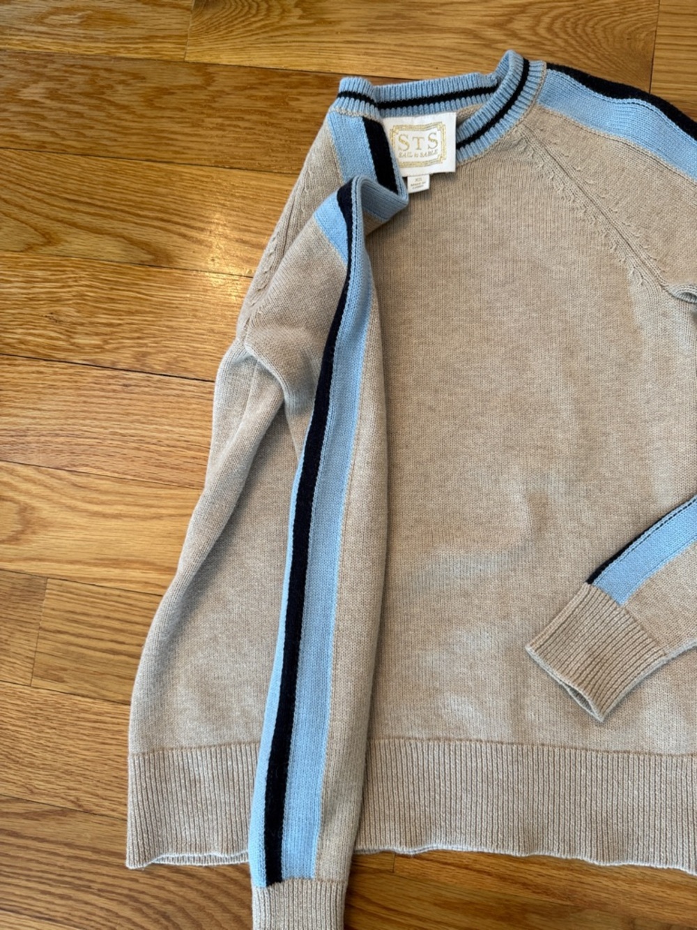 Sail to Sable Beige Sweater Light Blue & Navy Trim xtra small XS merino cotton - Picture 3 of 5